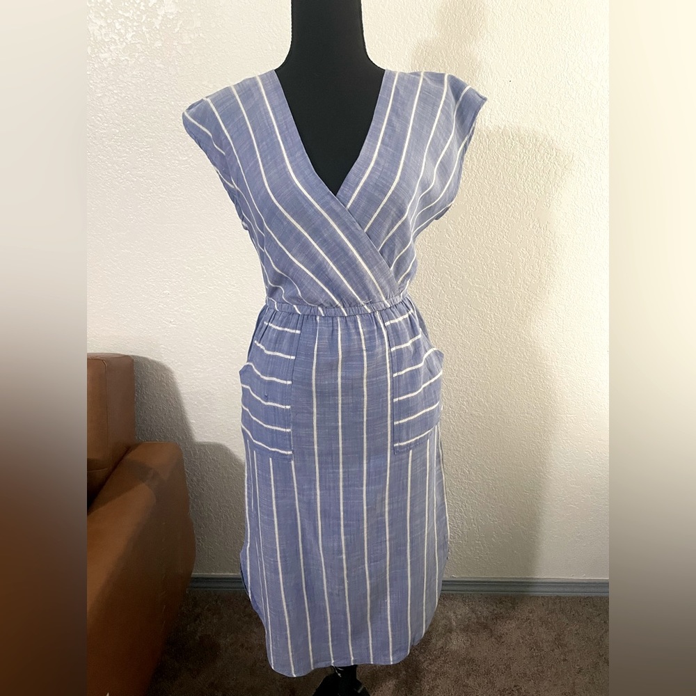Blue and white striped linen dress | open back